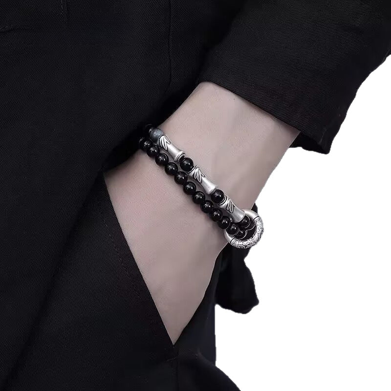 999 Pure Silver Bamboo Knot Obsidian Bracelet Men's Double Layer Bracelet Men's Bracelet Birthday Gift for Boys