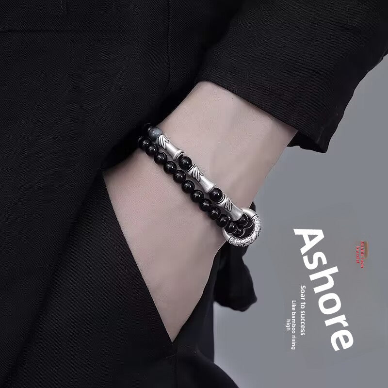 999 Pure Silver Bamboo Knot Obsidian Bracelet Men's Double Layer Bracelet Men's Bracelet Birthday Gift for Boys