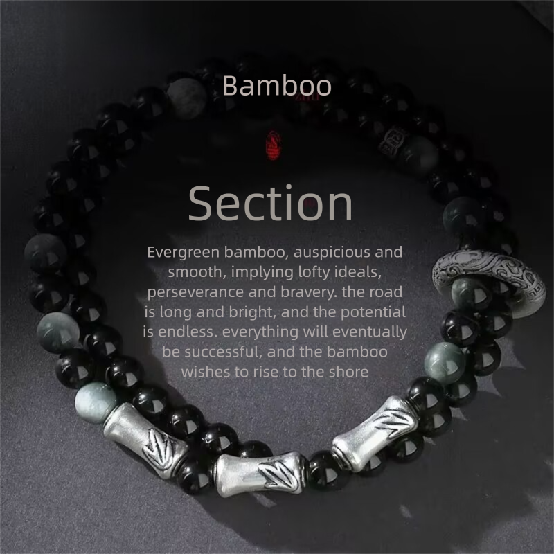 999 Pure Silver Bamboo Knot Obsidian Bracelet Men's Double Layer Bracelet Men's Bracelet Birthday Gift for Boys